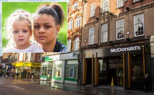 This is the McDonalds in Exeter, Devon, where four-year-old Kaya was stuck to a toilet seat after a sick pranksters covered it in glue. 04/01/2015 See SWNS story SWGLUE; A mum has condemned pranksters after her four-year-old girl was SUPERGLUED to a toilet seat in McDonald's. Furious Nicole Langmead, 24, was enjoying a meal at the fast food branch when her four-year-old daughter Kaya used the loo while she waited outside. But several minutes later the youngster emerged from the ground floor cubicle in agony saying she had been stuck on the seat. Nicole found a strong clear adhesive - believed to be superglue - had been smeared over the seat which had ripped some skin off of Kaya's legs. Police are investigating and want to talk to two teenage girls who were came out of the cubicle in Exeter, Devon, just before Kaya went in.