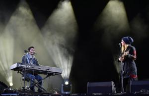 MUNICH, GERMANY - OCTOBER 11:  Musician Aeham Ahmad and Judith Holofernes during the WIR open air at Koenigsplatz on October 11, 2015 in Munich, Germany. This free music festival is offered by the city of Munich to the numerous volunteers that provided help to the refugees in recent weeks.  (Photo by Hannes Magerstaedt/Getty Images)