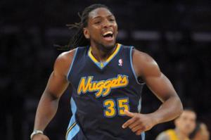 May 8, 2012; Los Angeles, CA, USA; Denver Nuggets forward Kenneth Faried (35) reacts during game five of the 2012 Western Conference quarterfinals against the Los Angeles Lakers at the Staples Center. The Nuggets defeated the Lakers 102-99. Mandatory Credit: Kirby Lee/Image of Sport-US PRESSWIRE