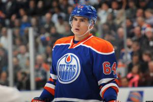 EDMONTON, CANADA - APRIL 10: Nail Yakupov #64 of the Edmonton Oilers prepares for a face off against the Phoenix Coyotes on April 10, 2013 at Rexall Place in Edmonton, Alberta, Canada. (Photo by Andy Devlin/NHLI via Getty Images)