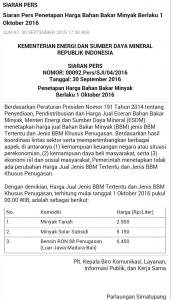 Siaran Pers Kementerian ESDM tentang Harga BBM Mulai 1 Oktober 2016