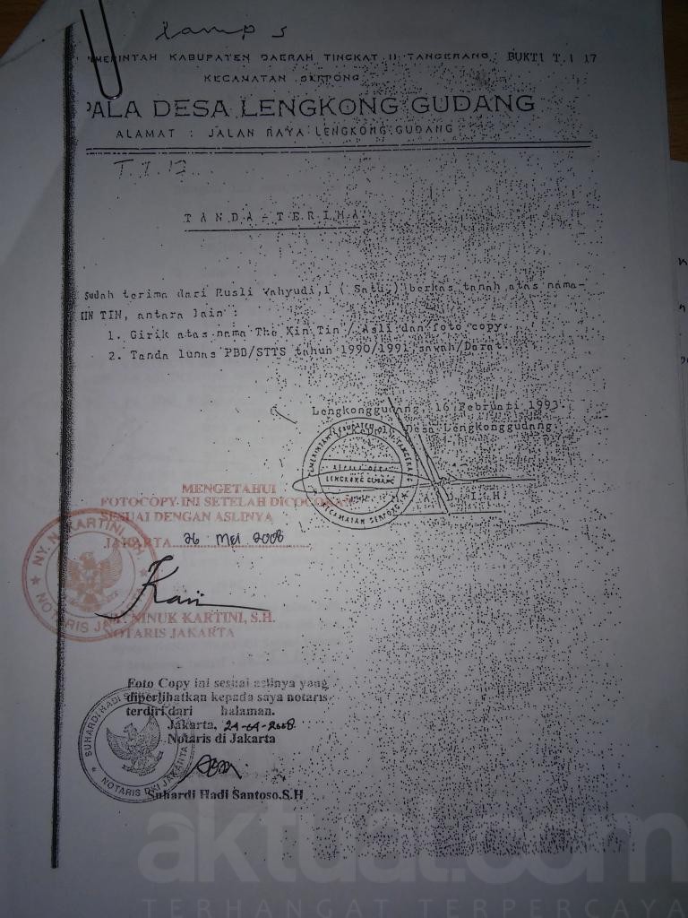 Surat Tanda Terima Girik Asli dan Lunas PBB dari Rusli Wahyudi ke Kepala Desa Lengkong Gudang saat itu yang masih dijabat oleh M. Adih.