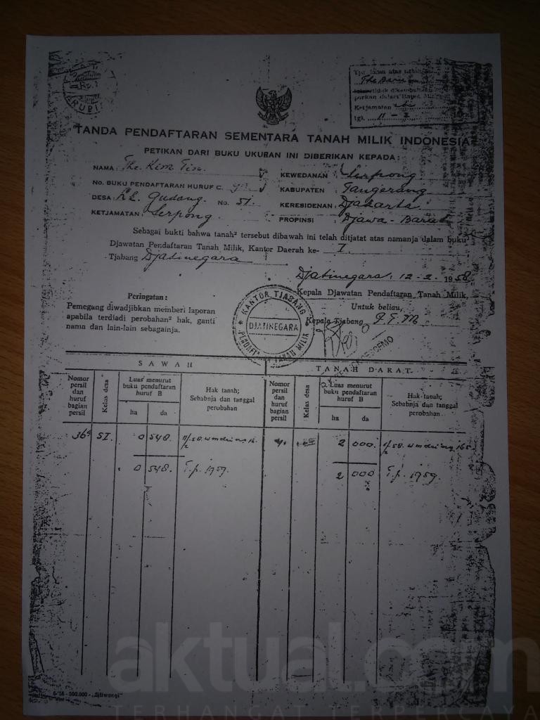 Fotocopy Surat Girik Tanah seluas 2,5 hektar yang dibeli Rusli Wahyudi dari The Kim Tin yang lokasinya saat ini berada di Kawasan BSD (Perumahan Puspita Loka dan Griya Loka).