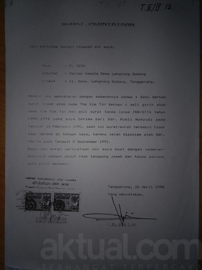 Surat Pernyataan dari Kepala Desa yang menyebutkan Girik tanah telah dikembalikan ke pihak ahli waris, The On.