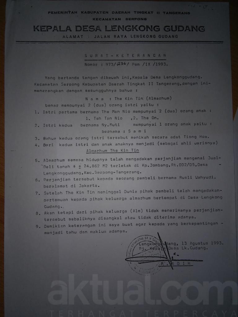 Surat Keterangan dari Kepala Desa Lengkong Gudang bahwa telah terjadi sengketa tanah antara ahli waris The Kim Tin dengan Rusli Wahyudi.